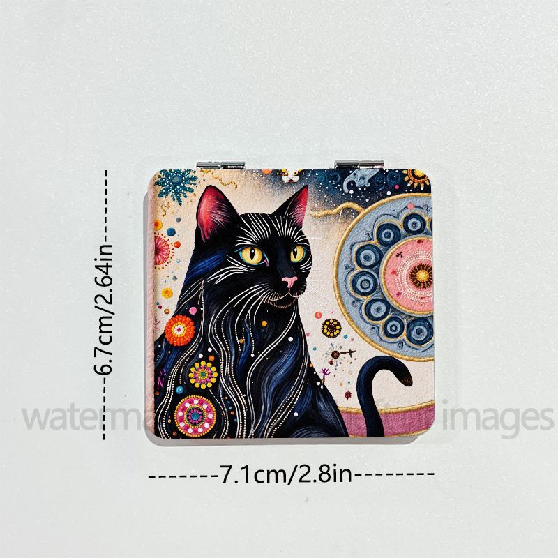 Double-Sided Portable Folding Small Mirror with Black Cat Design